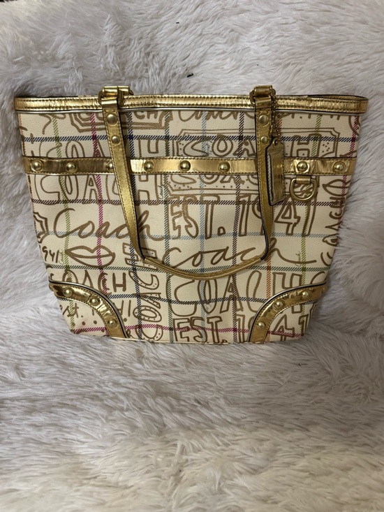 Coach Handbags - Coach Vintage 2008 Graffiti Script Tote Bag Gold Studded Plaid Y2K Shoulder Bag